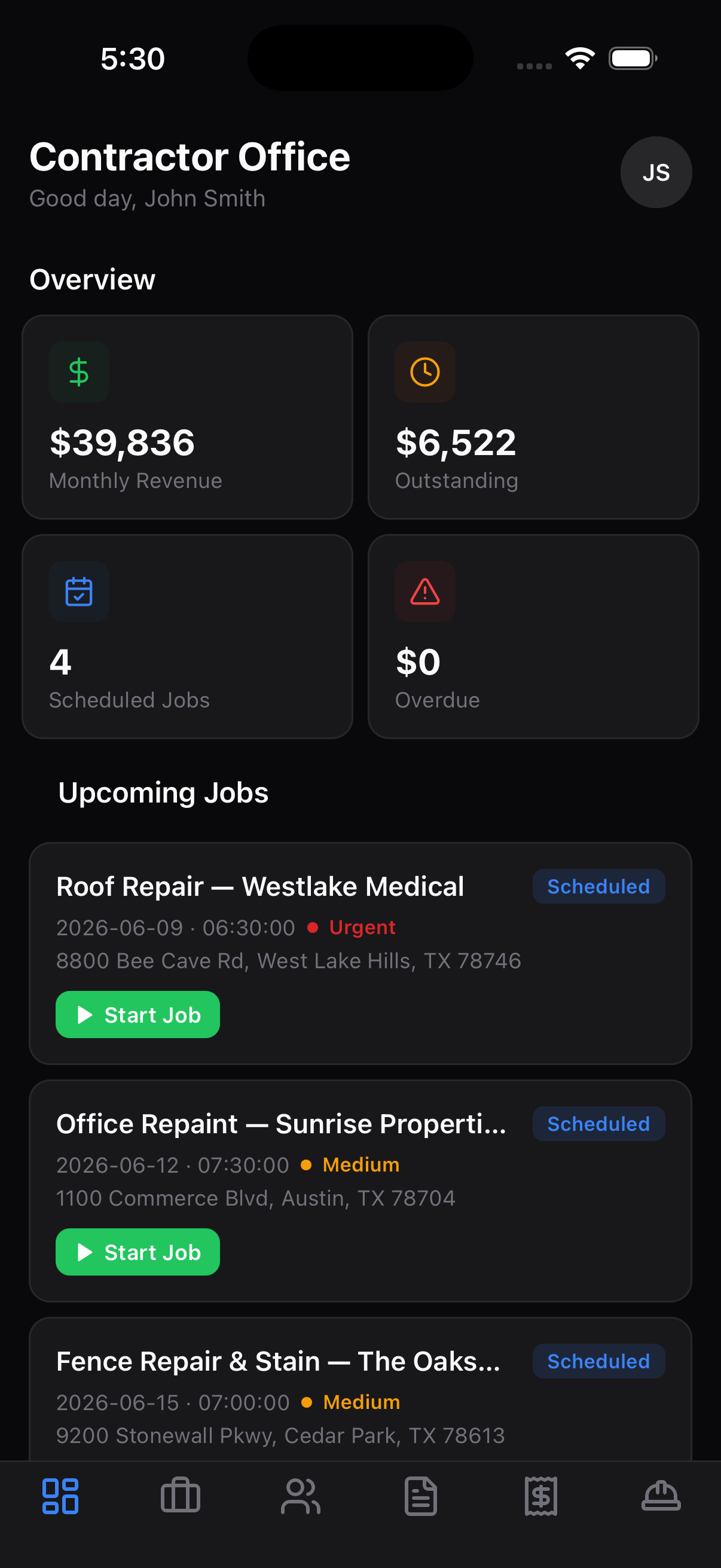 Contractor Office mobile dashboard showing monthly revenue, scheduled jobs and upcoming jobs