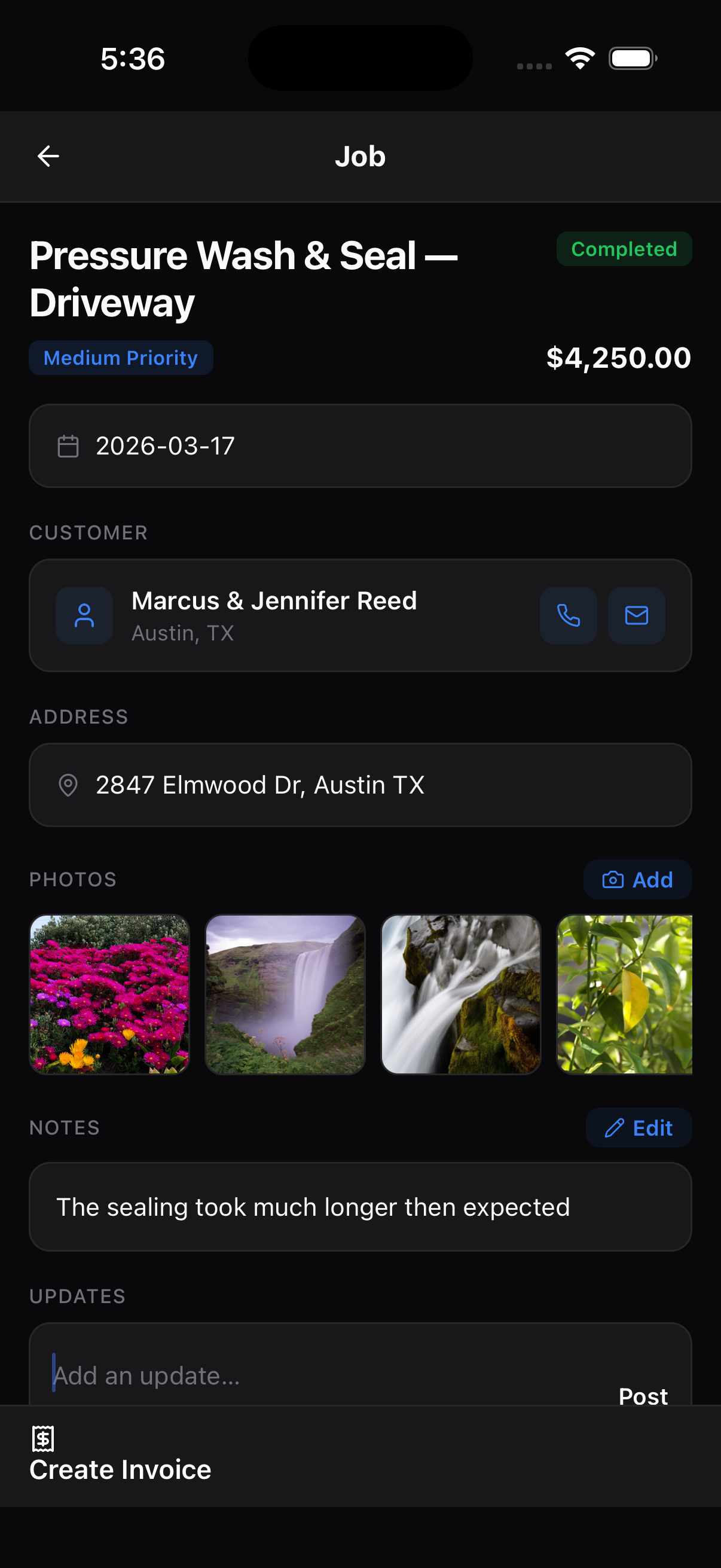 Job detail screen with photos, notes, updates and create invoice